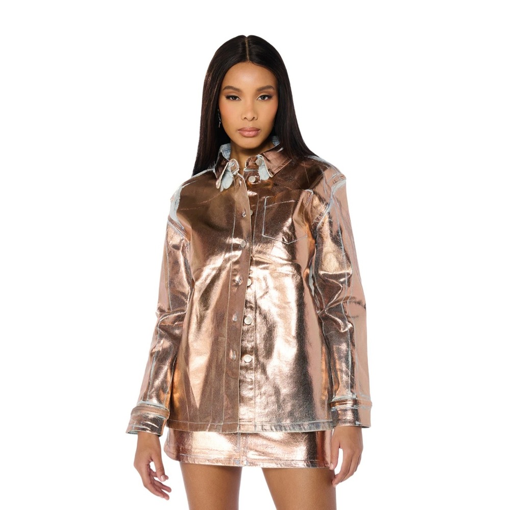 NWT Akira Gold Foil Effect Oversized Denim Button Shacket 
Size Large
